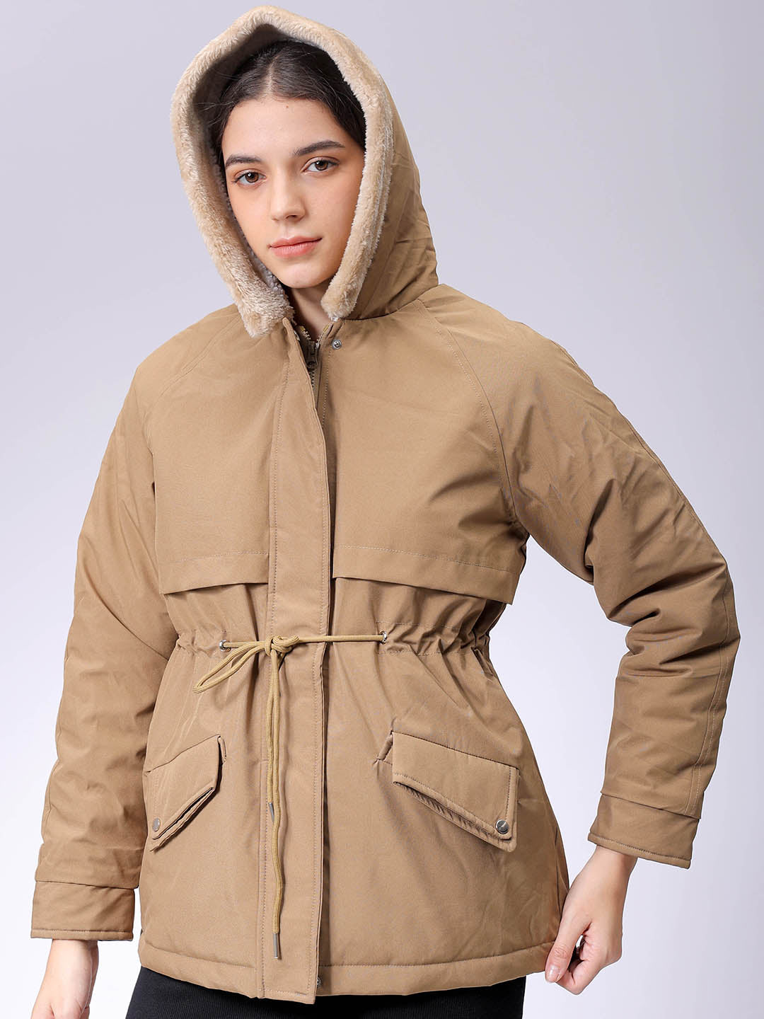 Women's Beige Regular Fit Solid Parka Jacket