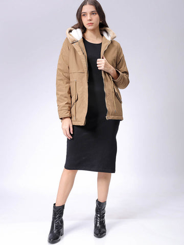 Women's Beige Regular Fit Solid Parka Jacket