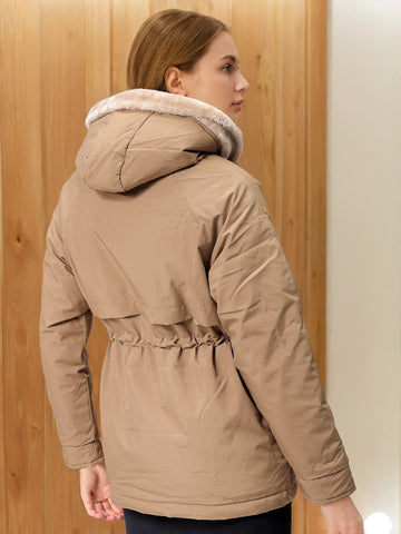 Women's Beige Regular Fit Solid Parka Jacket