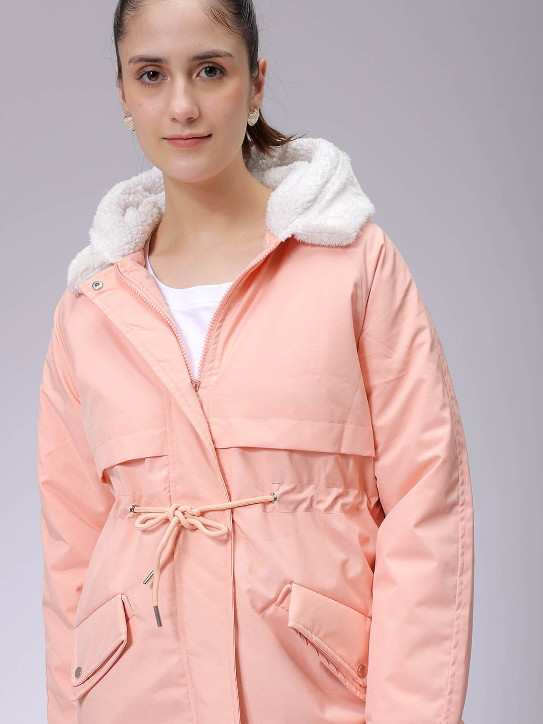 Women's Pink Regular Fit Solid Parka Jacket