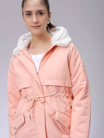 Women's Pink Regular Fit Solid Parka Jacket