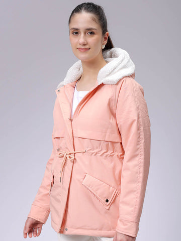 Women's Pink Regular Fit Solid Parka Jacket