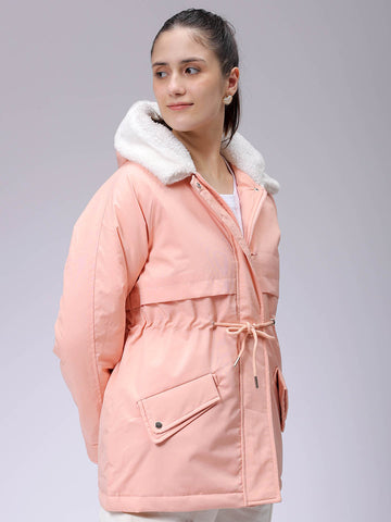Women's Pink Regular Fit Solid Parka Jacket