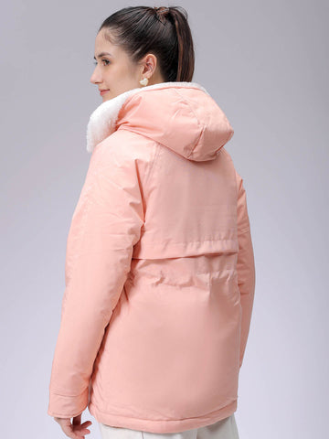 Women's Pink Regular Fit Solid Parka Jacket