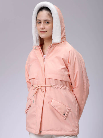 Women's Pink Regular Fit Solid Parka Jacket