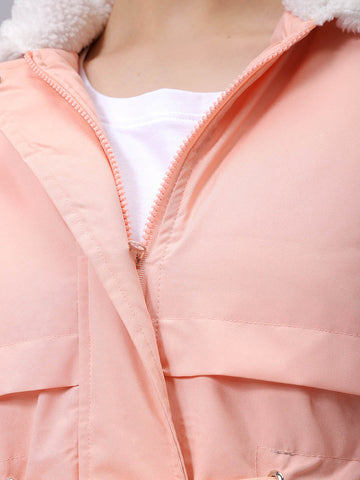 Women's Pink Regular Fit Solid Parka Jacket