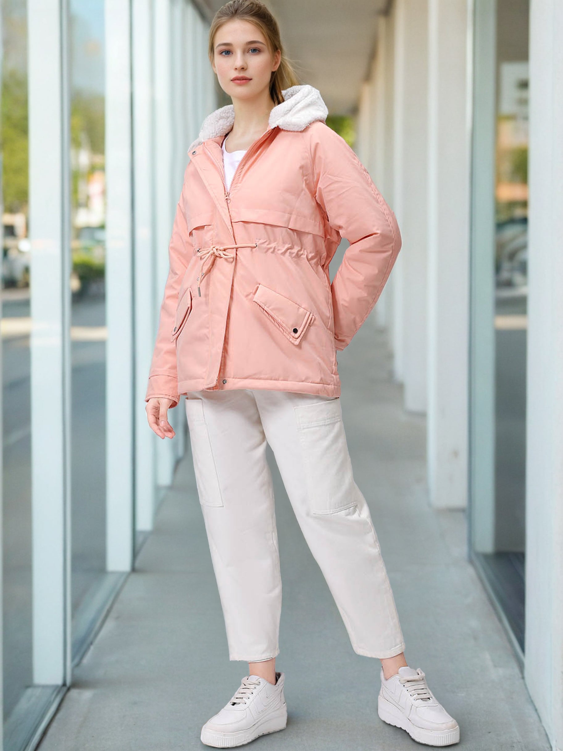 Women's Pink Regular Fit Solid Parka Jacket