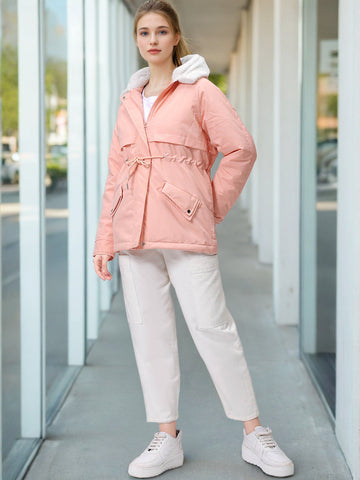 Women's Pink Regular Fit Solid Parka Jacket
