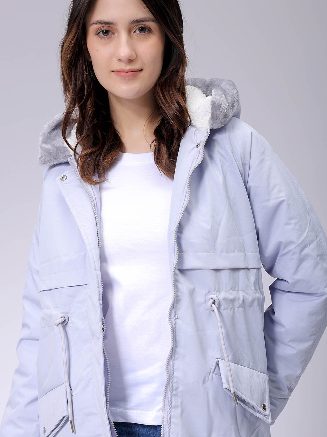 Women's Purple Regular Fit Solid Parka Jacket