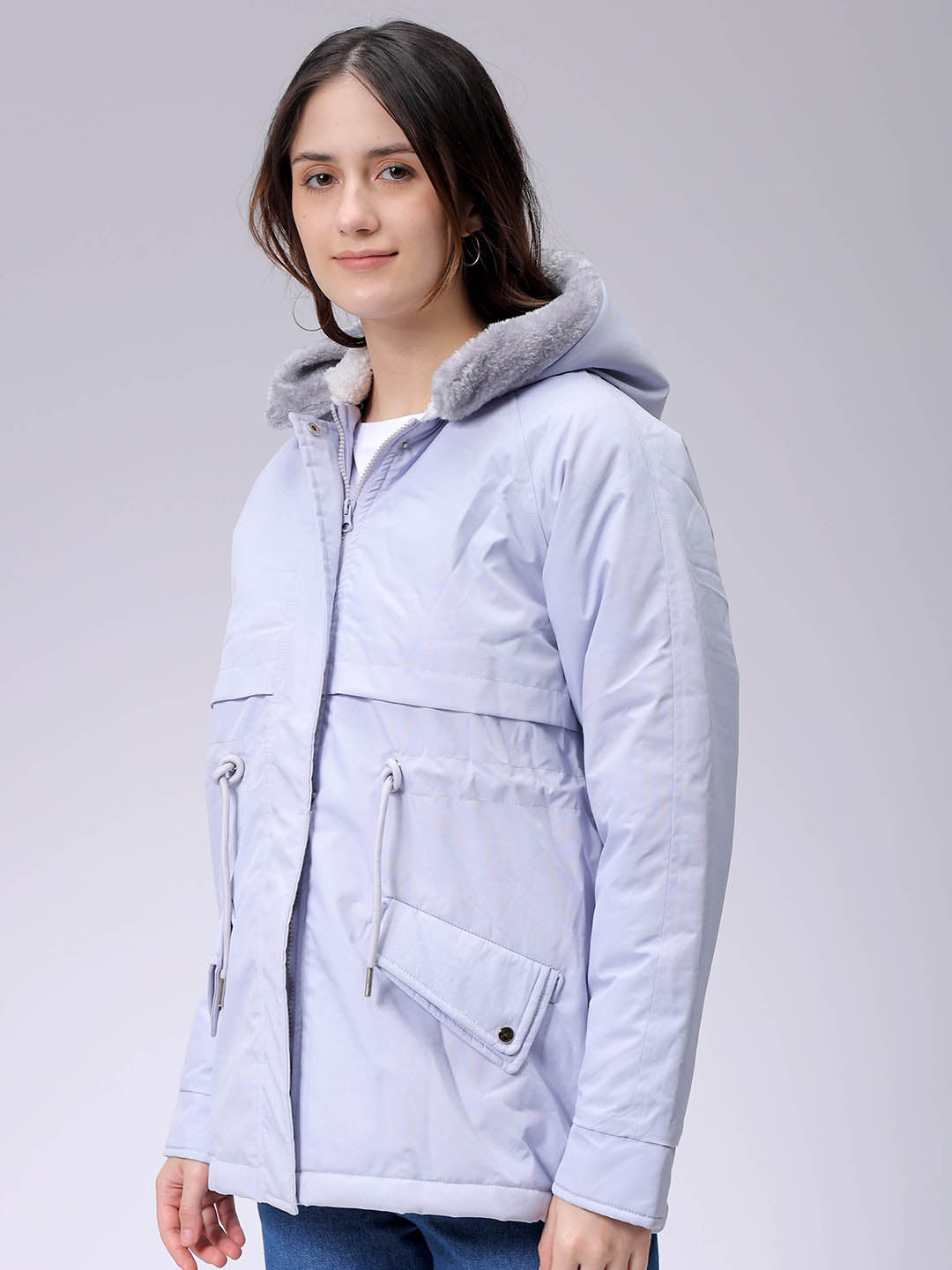 Women's Purple Regular Fit Solid Parka Jacket