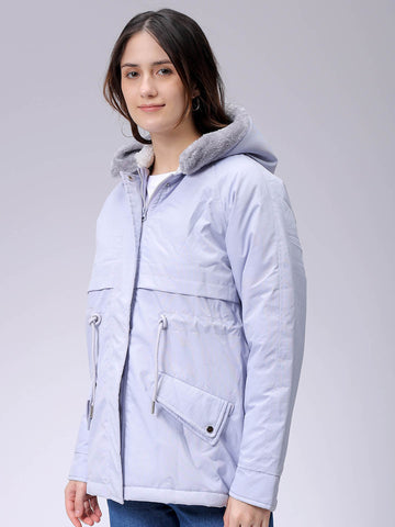 Women's Purple Regular Fit Solid Parka Jacket