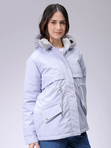 Women's Purple Regular Fit Solid Parka Jacket