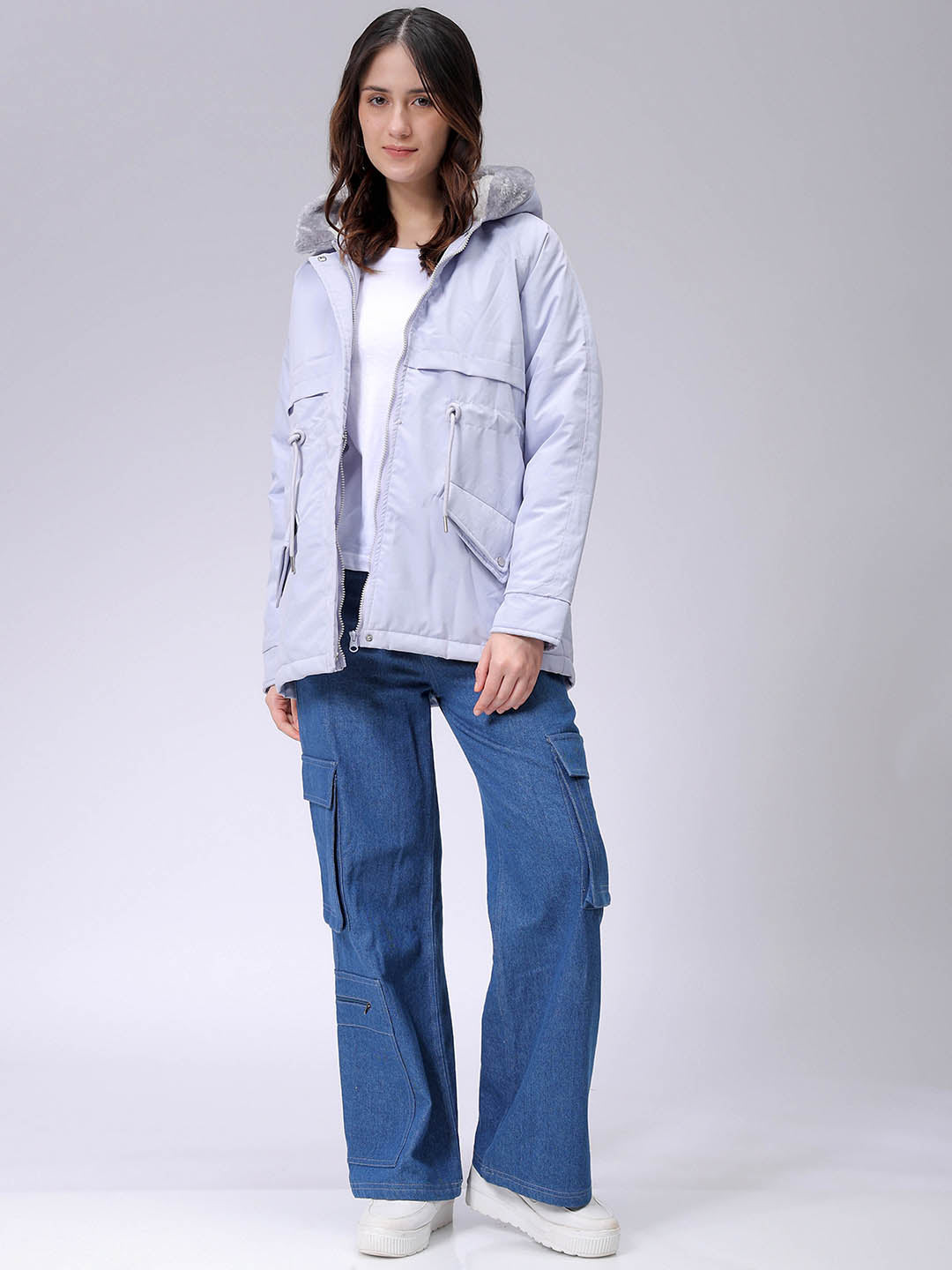 Women's Purple Regular Fit Solid Parka Jacket