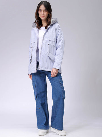 Women's Purple Regular Fit Solid Parka Jacket