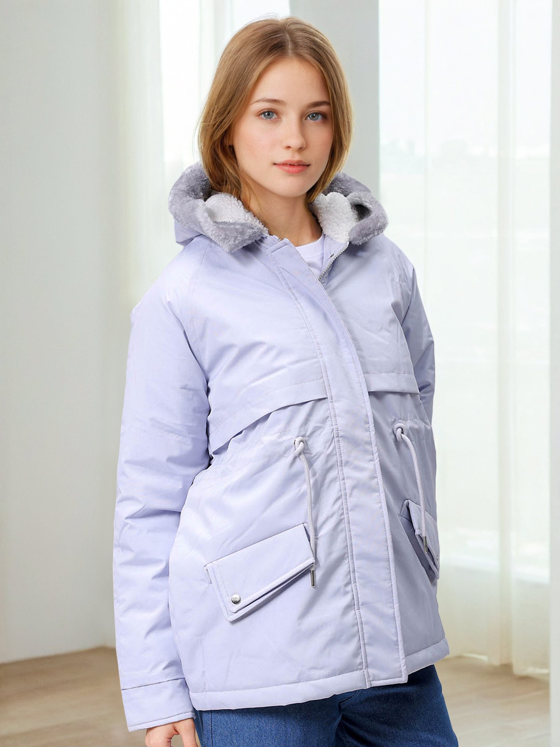 Women's Purple Regular Fit Solid Parka Jacket