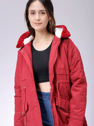 Women's Maroon Regular Fit Solid Parka Jacket