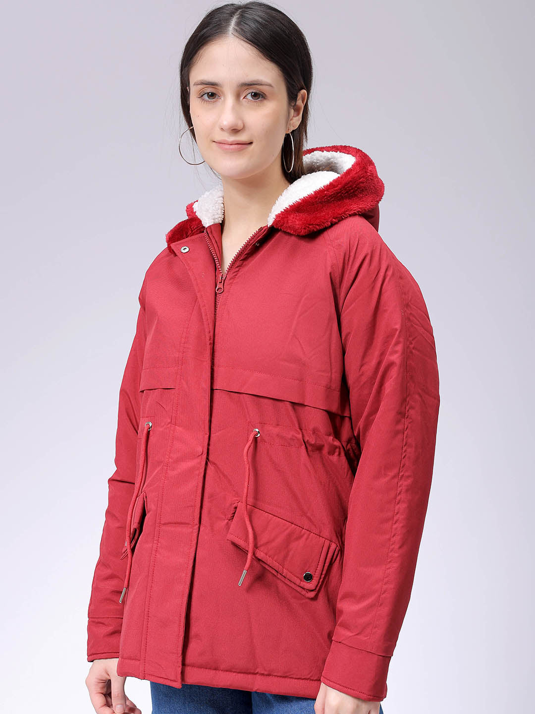 Women's Maroon Regular Fit Solid Parka Jacket
