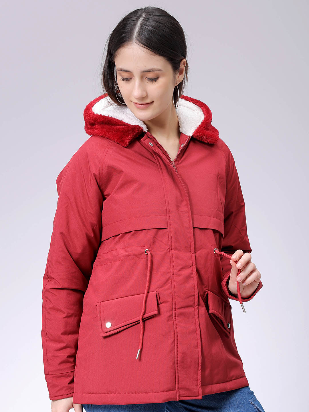 Women's Maroon Regular Fit Solid Parka Jacket