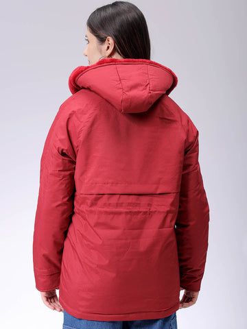 Women's Maroon Regular Fit Solid Parka Jacket