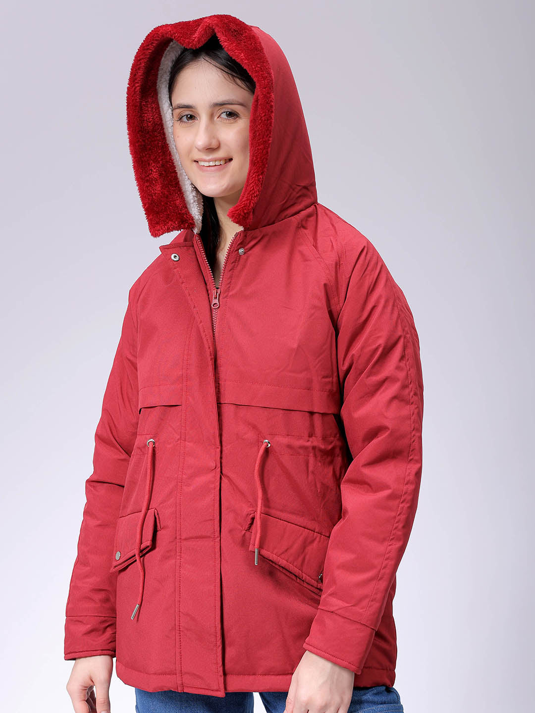 Women's Maroon Regular Fit Solid Parka Jacket