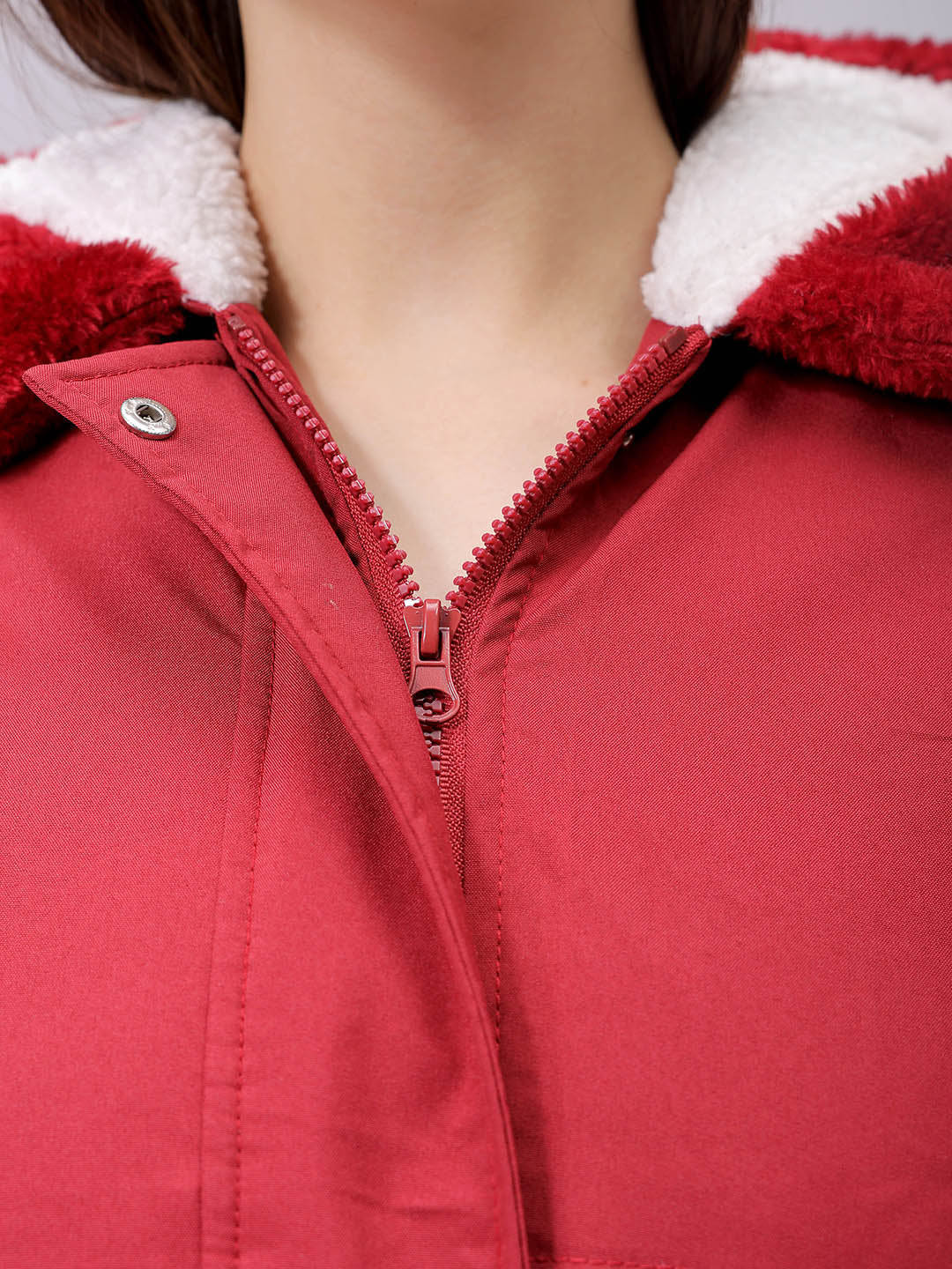 Women's Maroon Regular Fit Solid Parka Jacket