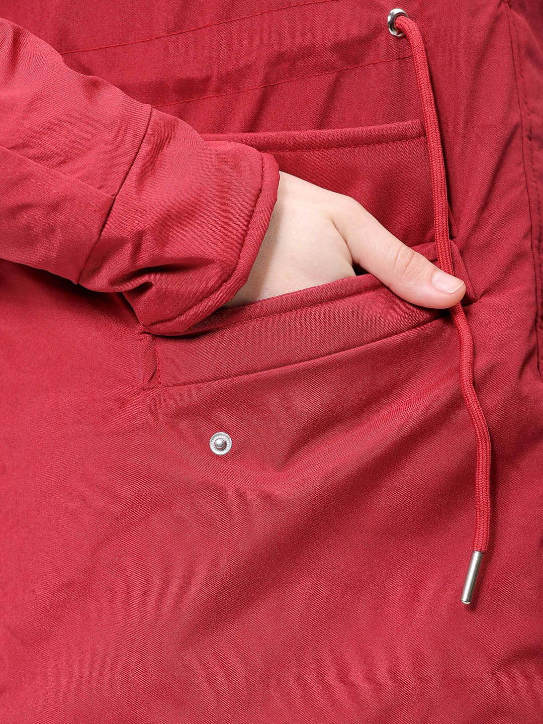 Women's Maroon Regular Fit Solid Parka Jacket