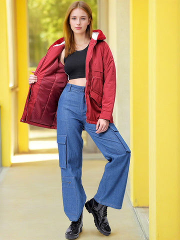 Women's Maroon Regular Fit Solid Parka Jacket