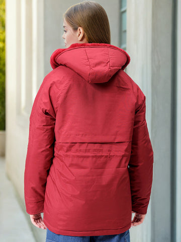 Women's Maroon Regular Fit Solid Parka Jacket