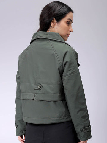 Women's Olive Straight Solid Trench Coat