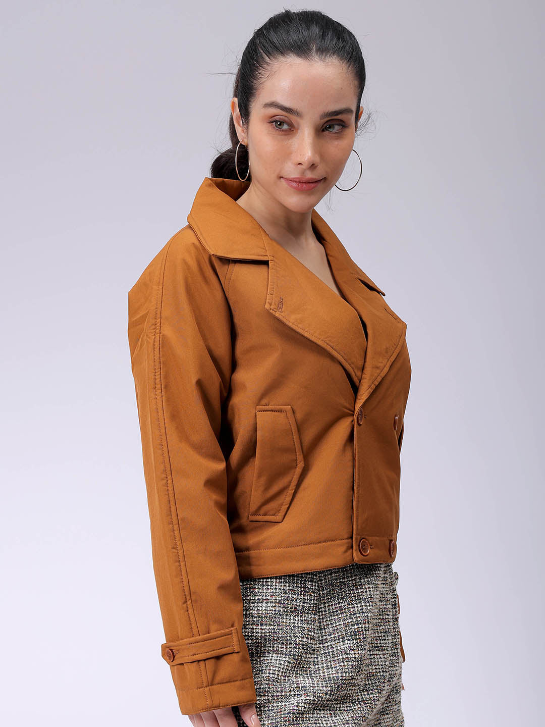 Women's Brown Straight Solid Trench Coat