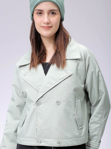 Women's Green Straight Fit Solid Trench Coat