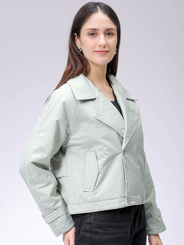 Women's Green Straight Fit Solid Trench Coat
