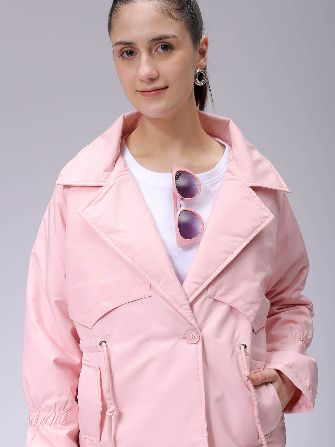 Women's Pink Regular Fit Solid Trench Coat