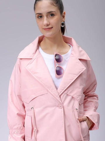 Women's Pink Regular Fit Solid Trench Coat