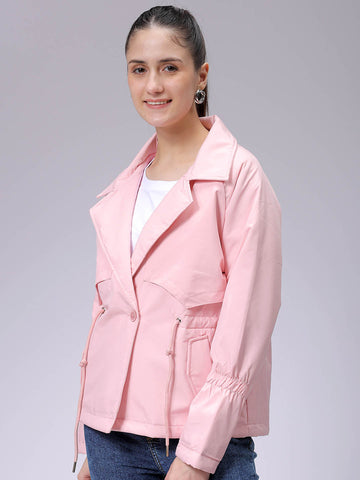 Women's Pink Regular Fit Solid Trench Coat
