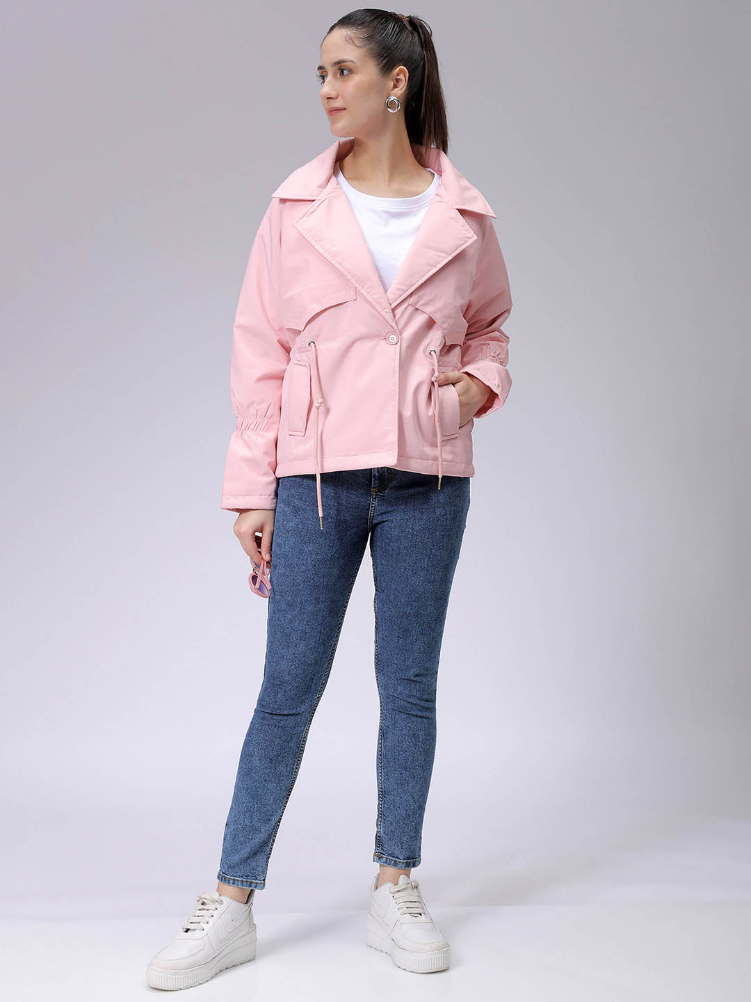Women's Pink Regular Fit Solid Trench Coat
