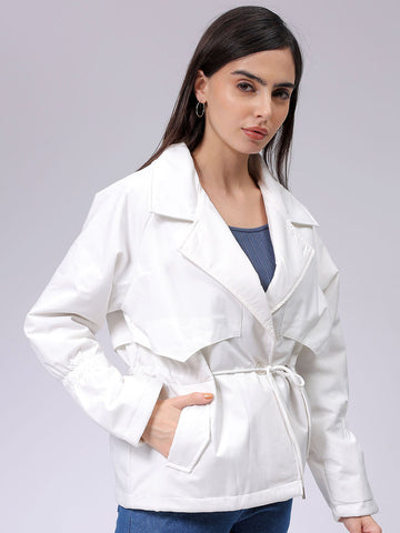 Women's White Regular Fit Solid Trench Coat