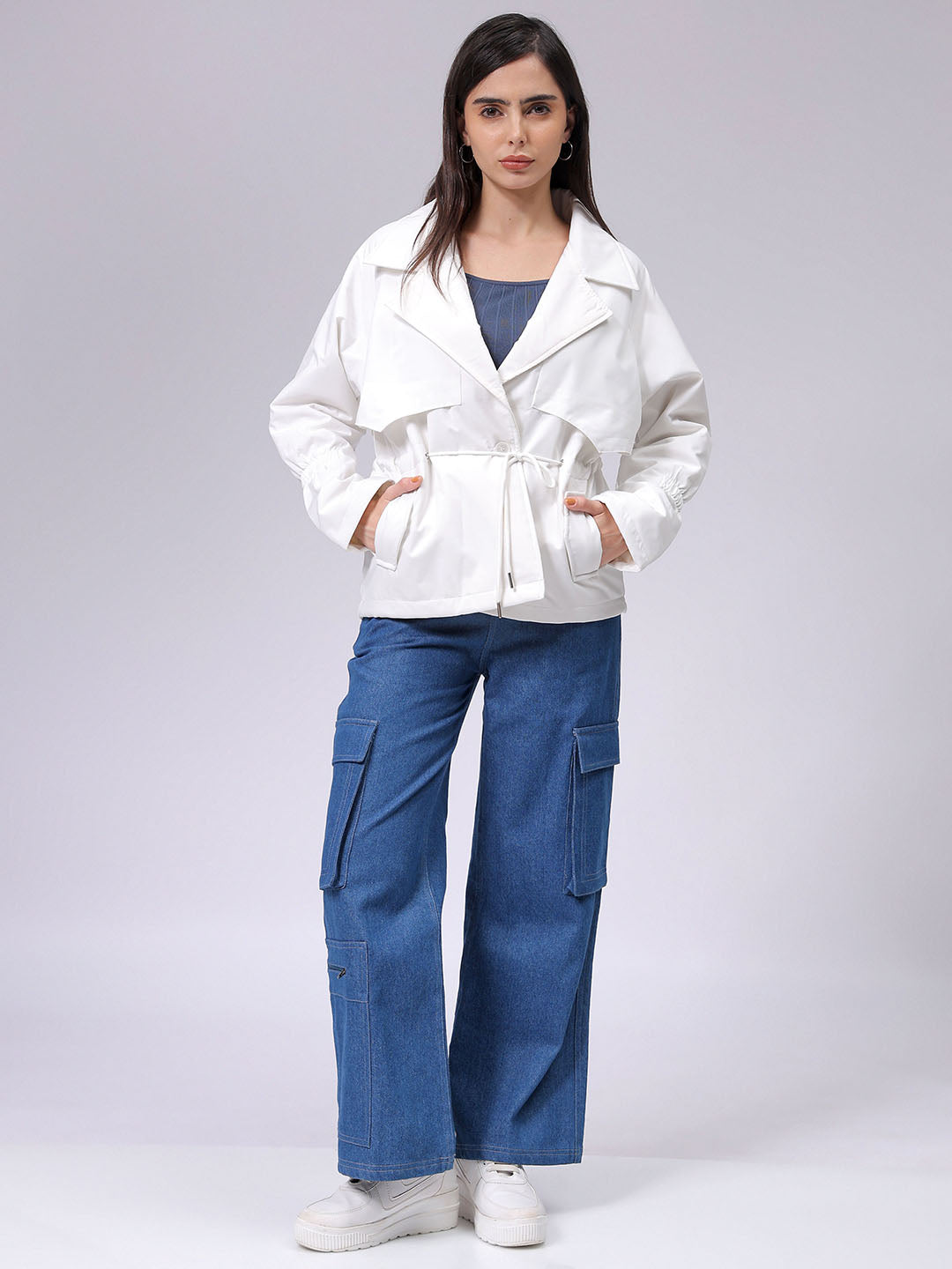 Women's White Regular Fit Solid Trench Coat