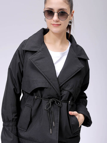Women's Black Regular Fit Solid Trench Coat