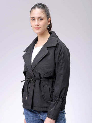 Women's Black Regular Fit Solid Trench Coat