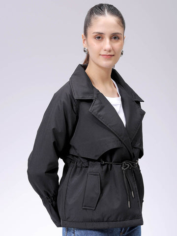 Women's Black Regular Fit Solid Trench Coat