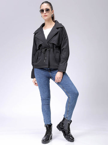 Women's Black Regular Fit Solid Trench Coat