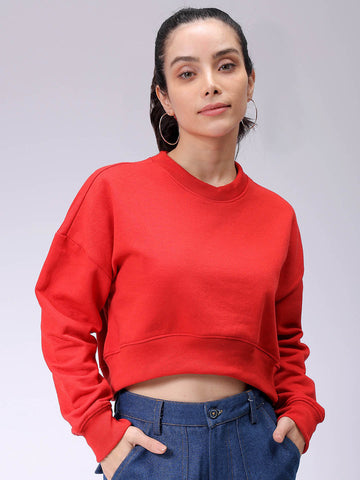 Women's Red Loose Fit Solid Cropped Sweatshirt
