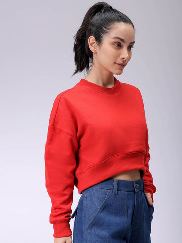 Women's Red Loose Fit Solid Cropped Sweatshirt