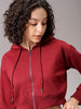 Women's Maroon Relaxed Fit Solid Cropped Front Open Sweatshirt