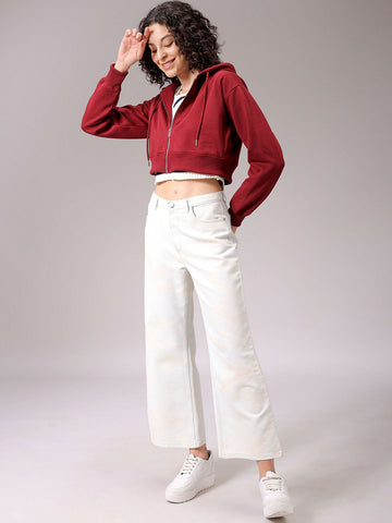 Women's Maroon Relaxed Fit Solid Cropped Front Open Sweatshirt