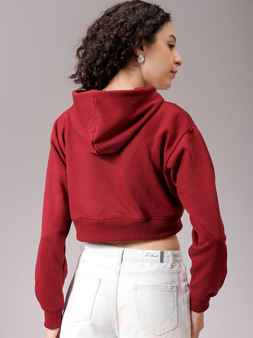 Women's Maroon Relaxed Fit Solid Cropped Front Open Sweatshirt