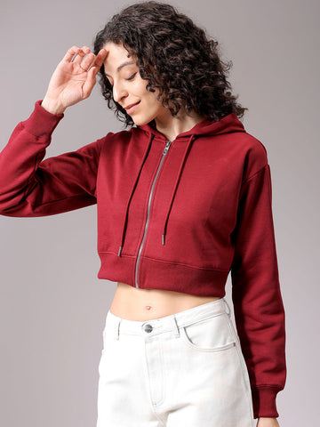 Women's Maroon Relaxed Fit Solid Cropped Front Open Sweatshirt