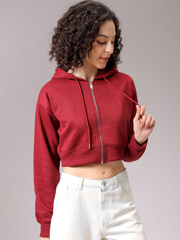 Women's Maroon Relaxed Fit Solid Cropped Front Open Sweatshirt