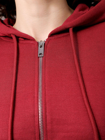 Women's Maroon Relaxed Fit Solid Cropped Front Open Sweatshirt